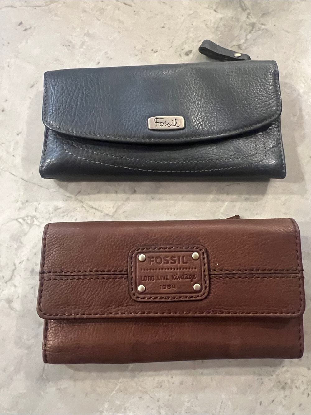 Fossil RFID snap Clutch Brown wallet flat blue leather